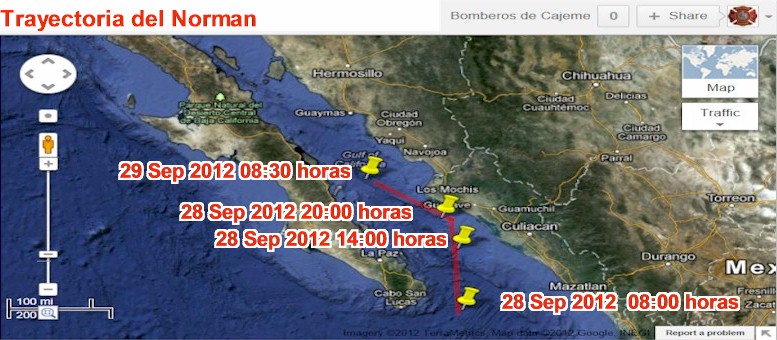 Trayectoria de la depresión tropical Norman Sábado 29 Septiembre 2012 a las 08:30 AM